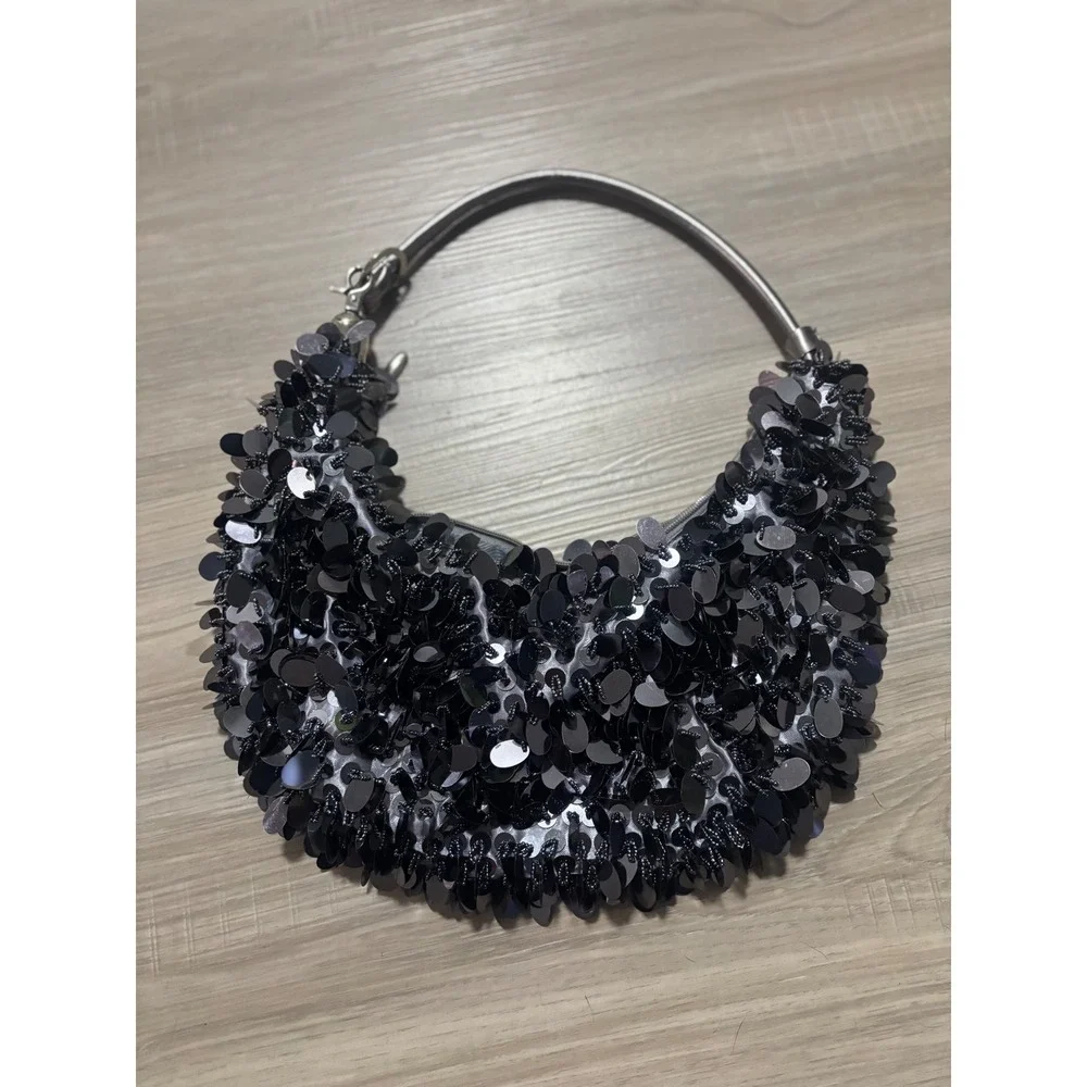 Black Sequin Hobo Bag Silver Handle Crescent Evening Handbag Party Statement